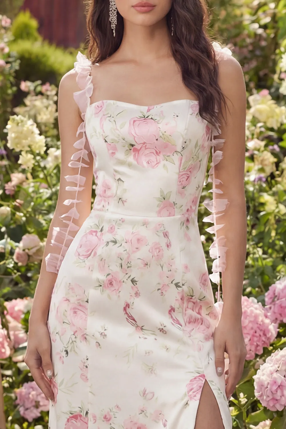 Pink Floral Print Satin Ribbon Spaghetti Straps Midi Dress with Slit sold by Zapaka product image thumbnail 3