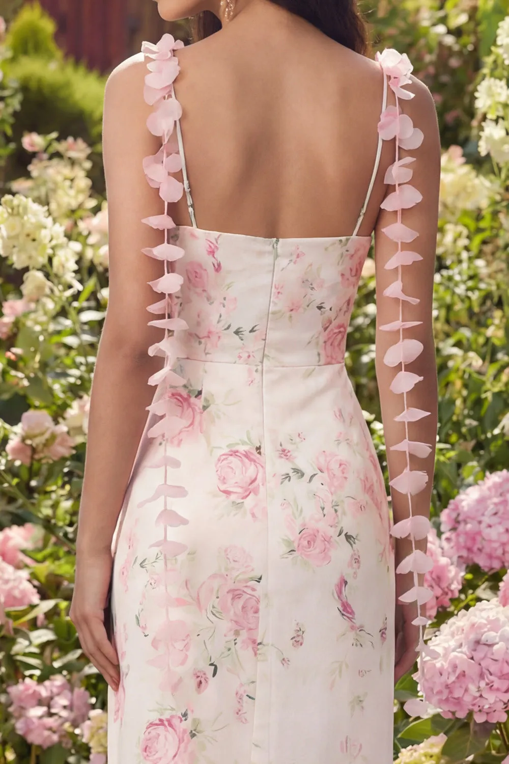 Pink Floral Print Satin Ribbon Spaghetti Straps Midi Dress with Slit sold by Zapaka product image thumbnail 4