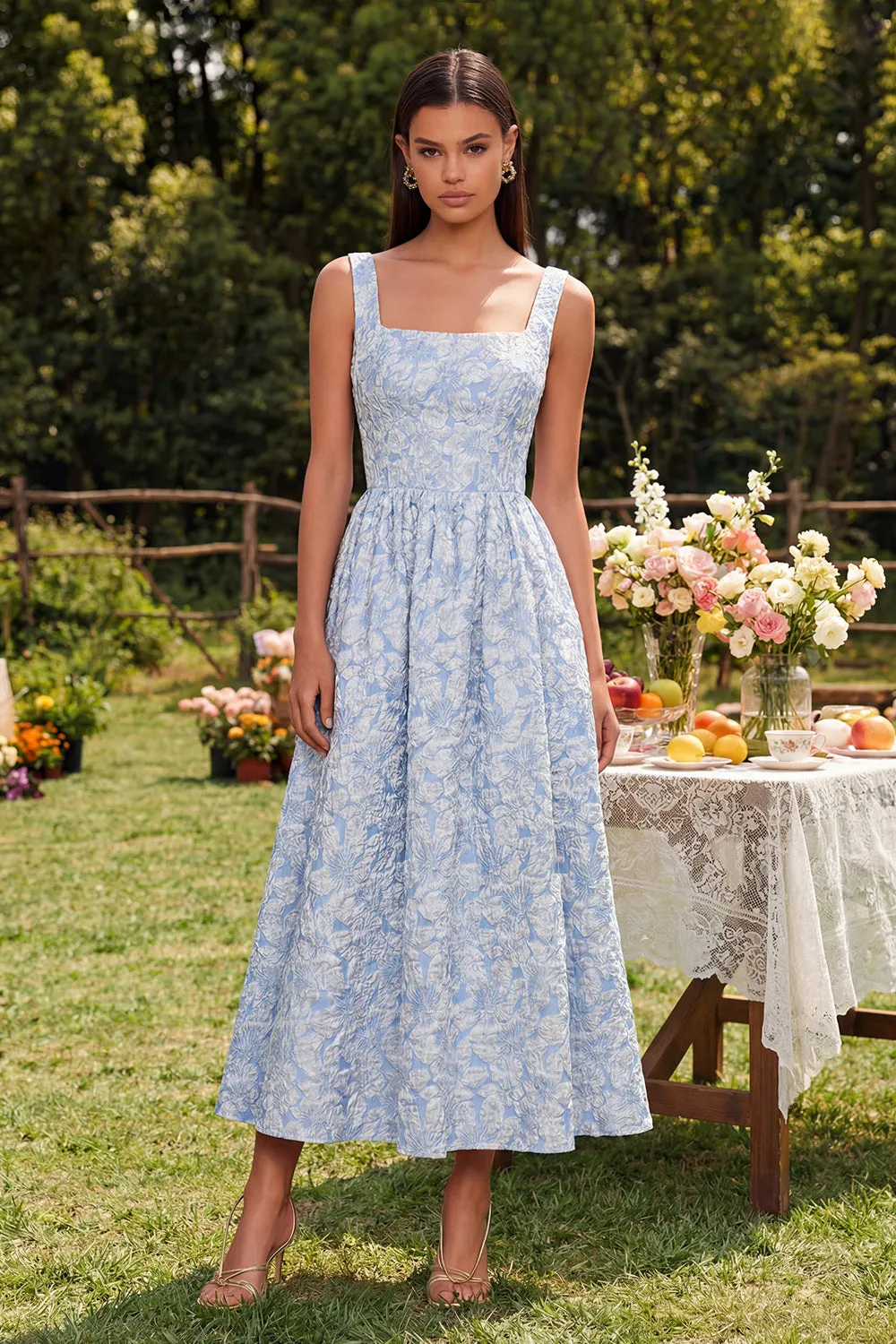Blue Jacquard Square Neck A Line Midi Dress with Back Zipper sold by Zapaka