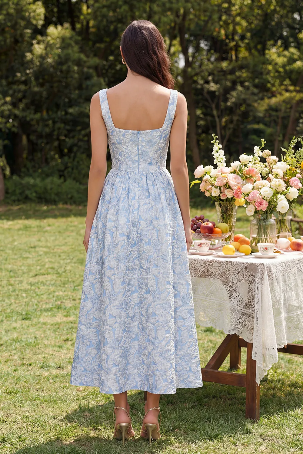 Blue Jacquard Square Neck A Line Midi Dress with Back Zipper sold by Zapaka product image thumbnail 2