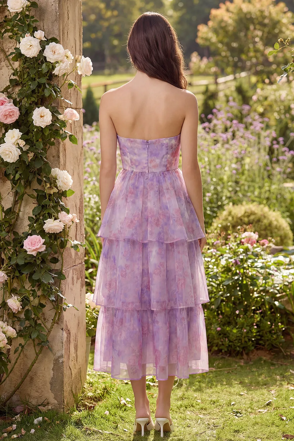 Purple Strapless A-Line Tulle Tiered Midi Dress sold by Zapaka product image thumbnail 2