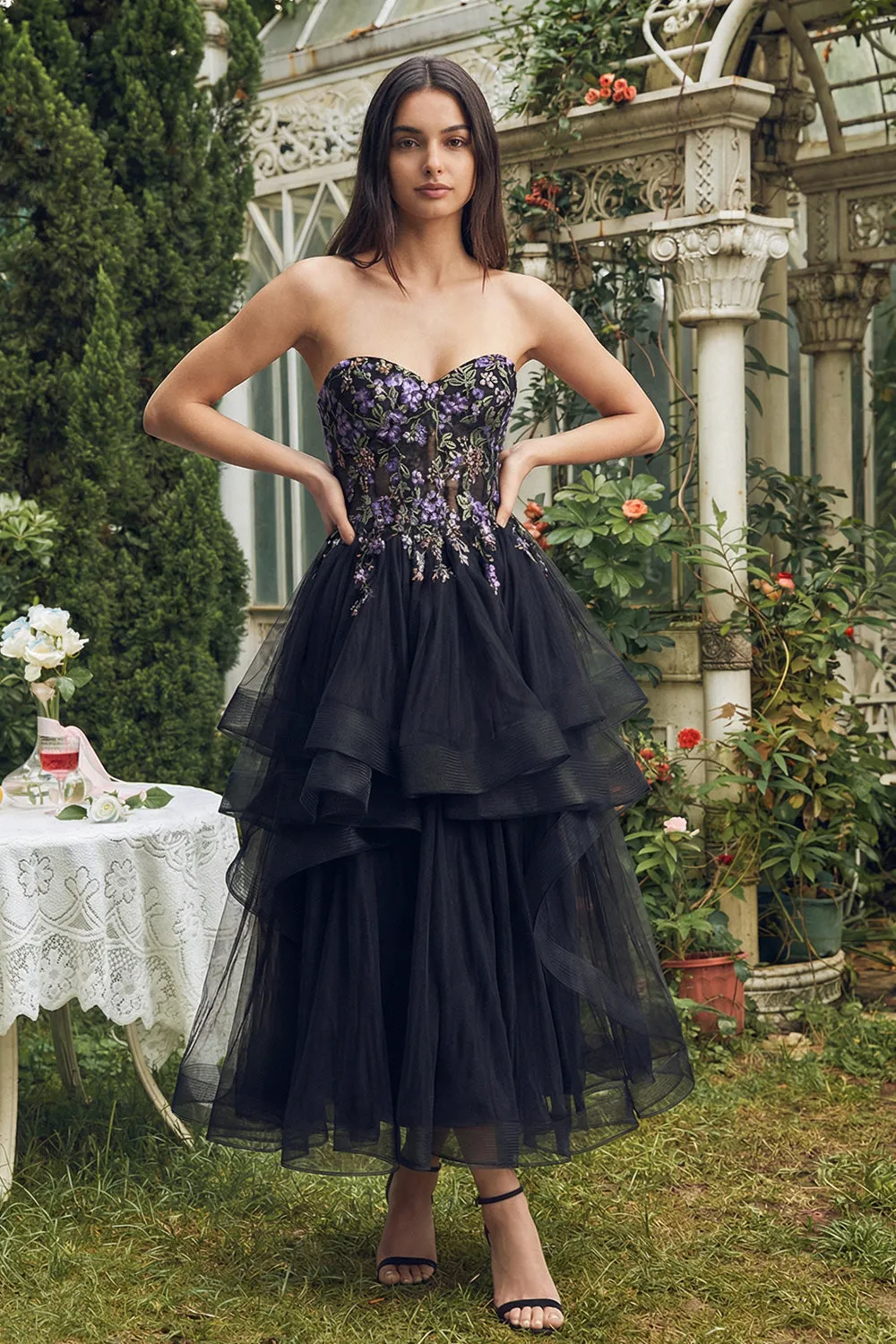 Black Strapless Appliqued A-Line Organza Midi Dress sold by Zapaka product image thumbnail 3