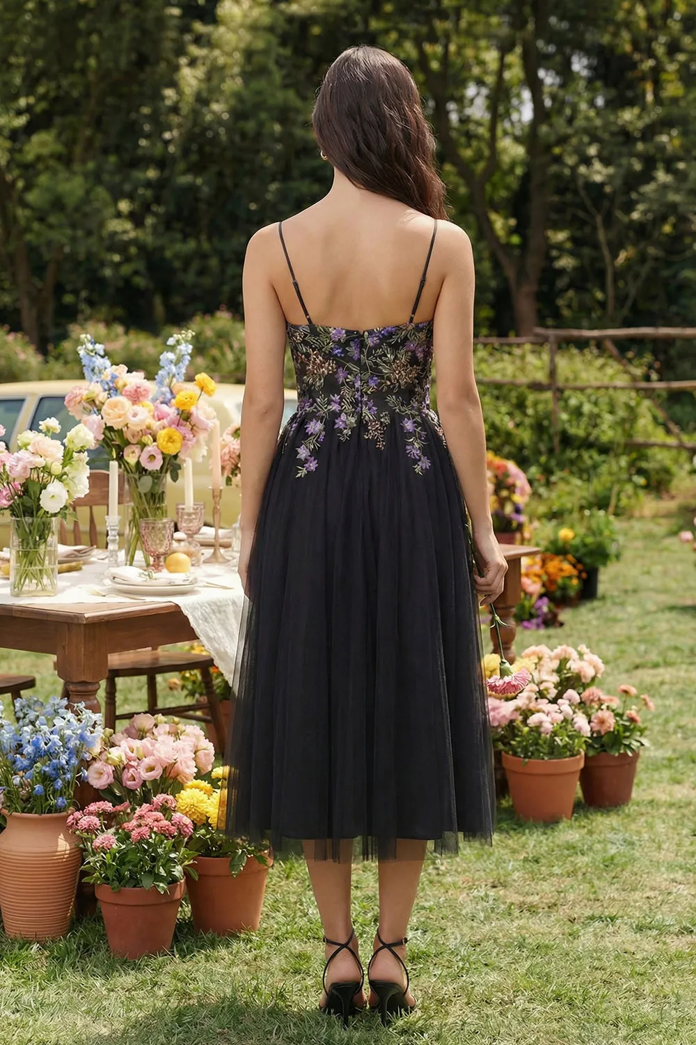 Black Appliqued A-Line Tulle Spaghetti Straps Midi Dress sold by Zapaka product image thumbnail 2