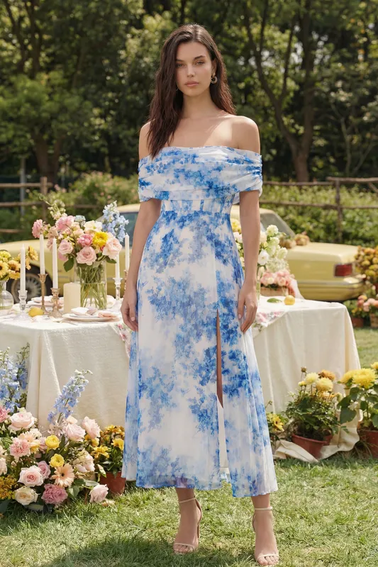 White Blue Flower A-Line Tulle Off the Shoulder Corset Midi Dress with Slit made by Zapaka