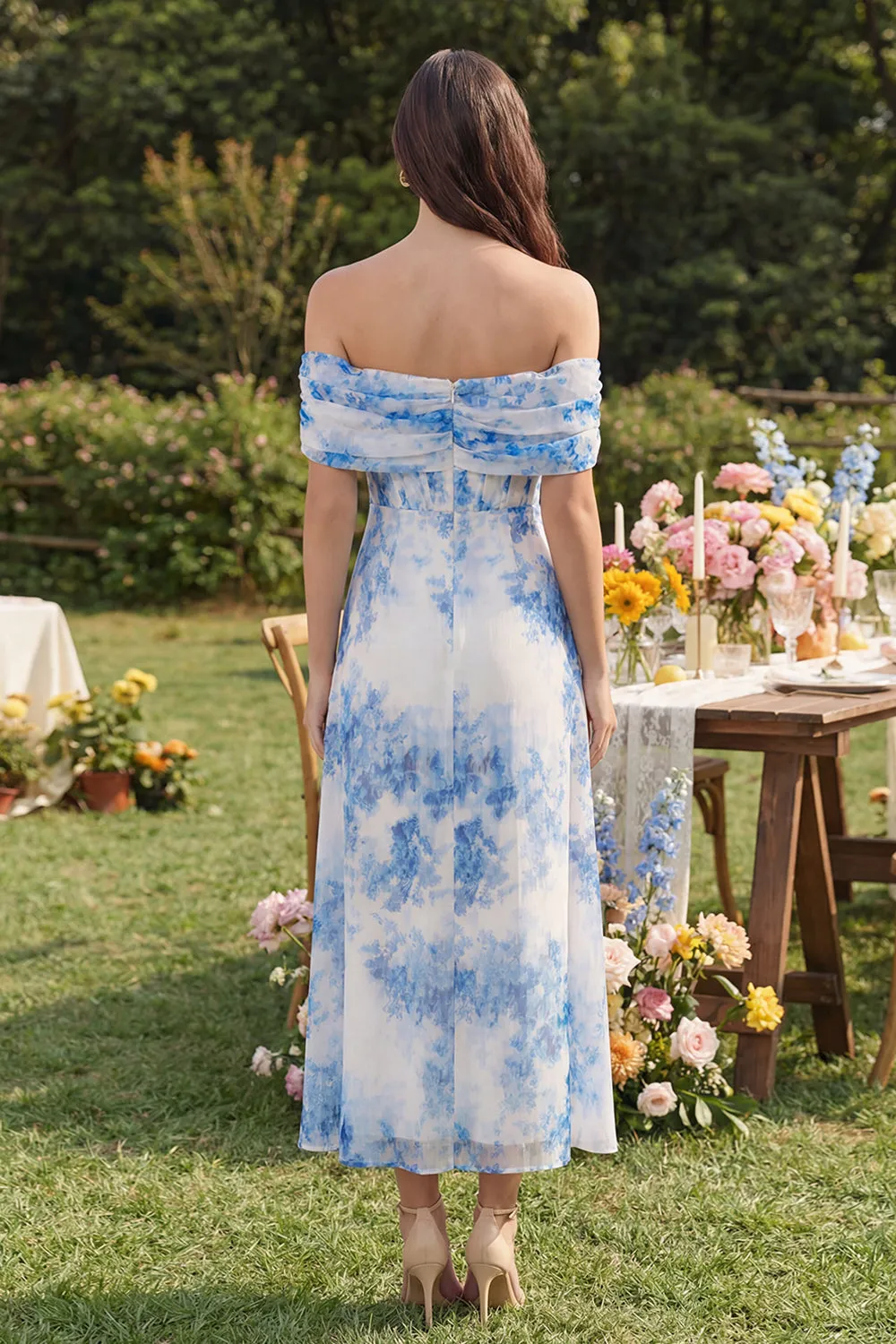 White Blue Flower A-Line Tulle Off the Shoulder Corset Midi Dress with Slit sold by Zapaka product image thumbnail 2