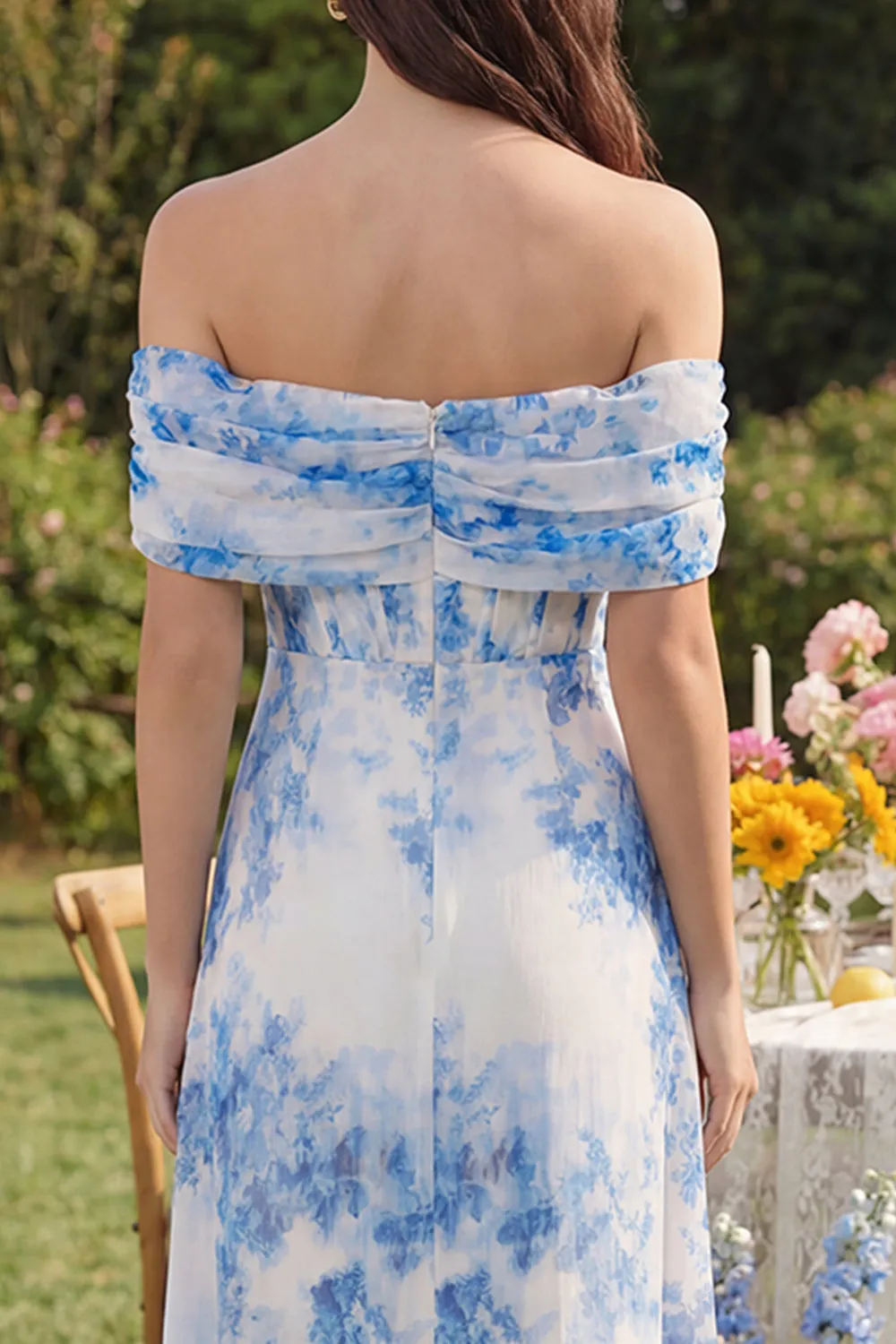 White Blue Flower A-Line Tulle Off the Shoulder Corset Midi Dress with Slit sold by Zapaka product image thumbnail 4