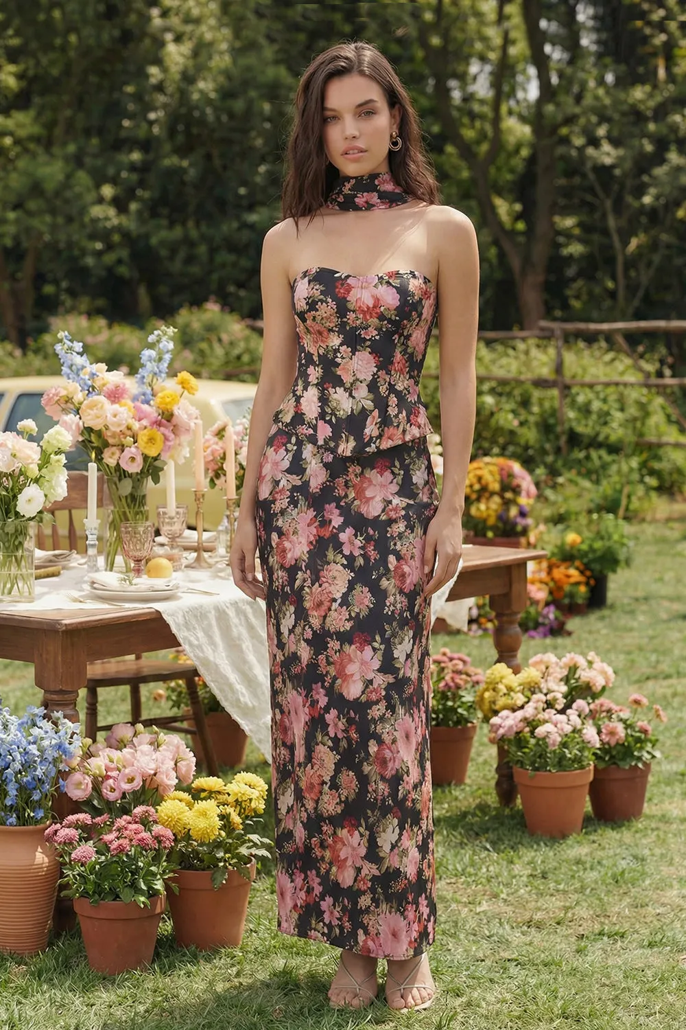 Black Pink Flower Sheath Strapless Satin Floral Dress sold by Zapaka