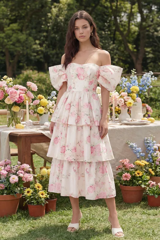 Pink White Flower Tiered A-Line Off the Shoulder Midi Dress sold by Zapaka