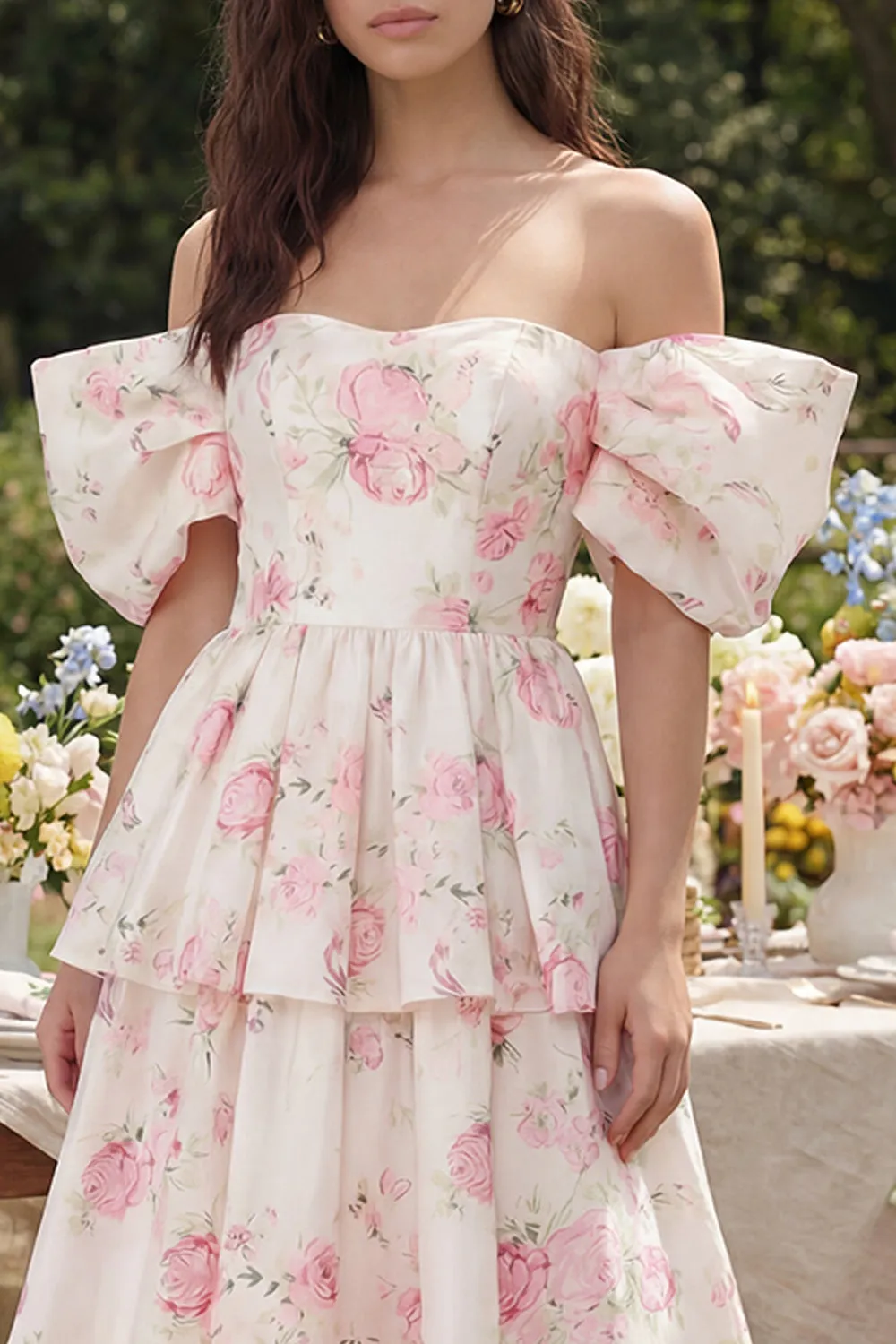Pink White Flower Tiered A-Line Off the Shoulder Midi Dress sold by Zapaka product image thumbnail 3