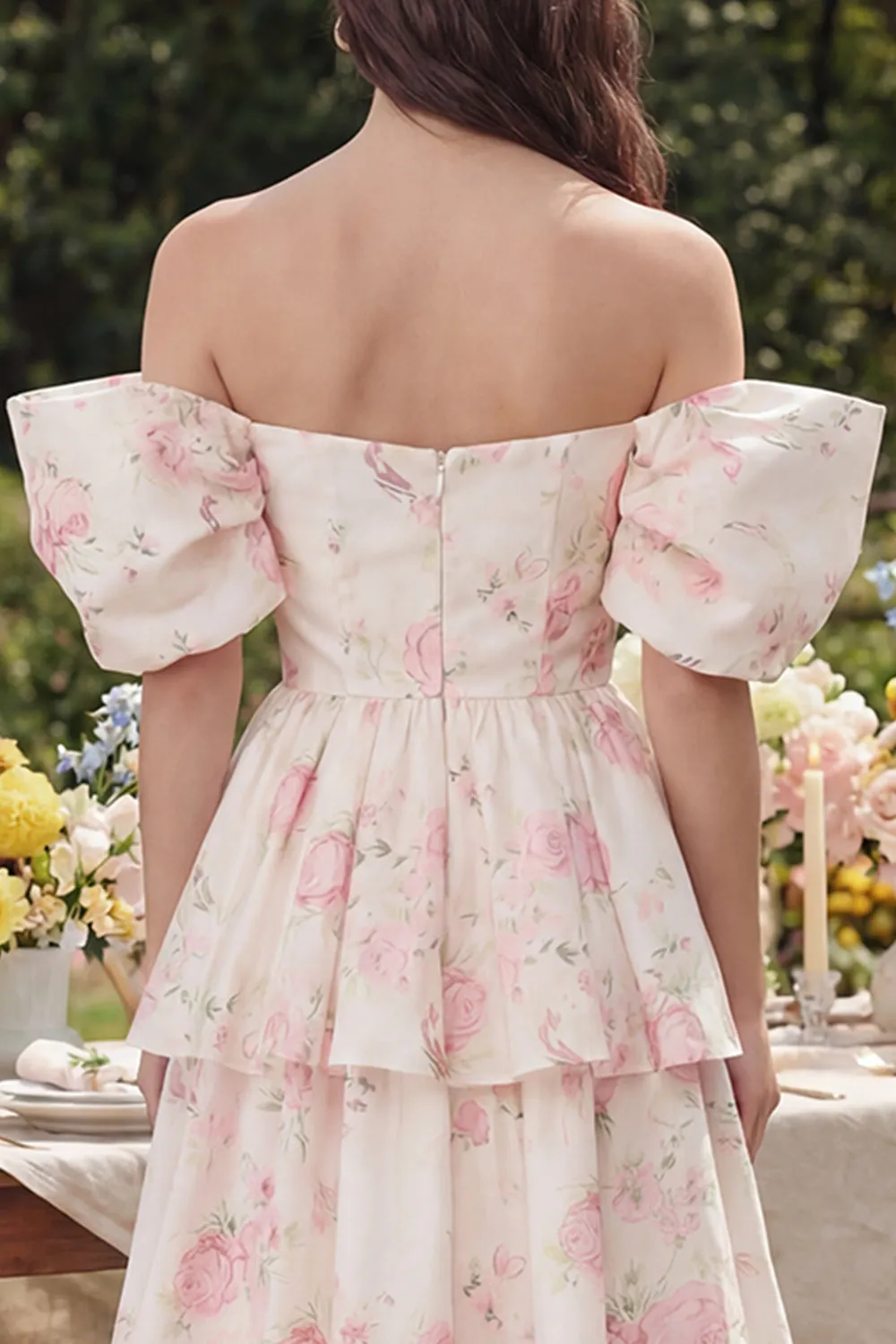 Pink White Flower Tiered A-Line Off the Shoulder Midi Dress sold by Zapaka product image thumbnail 4