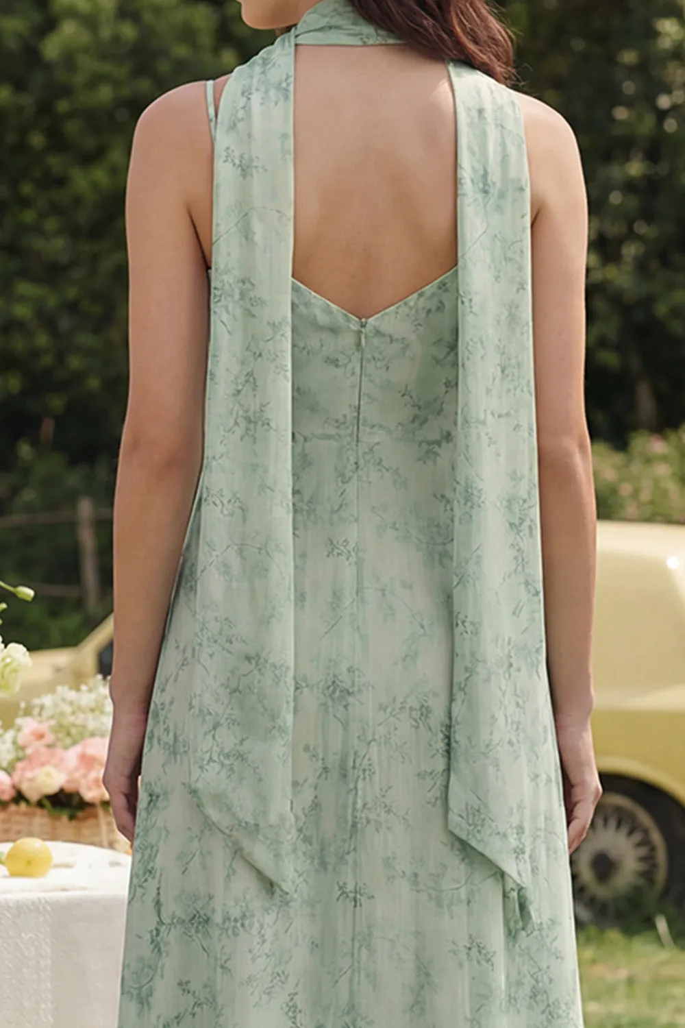 Dusty Sage Printed Chiffon Spaghetti Straps A-Line Midi Dress sold by Zapaka product image thumbnail 4