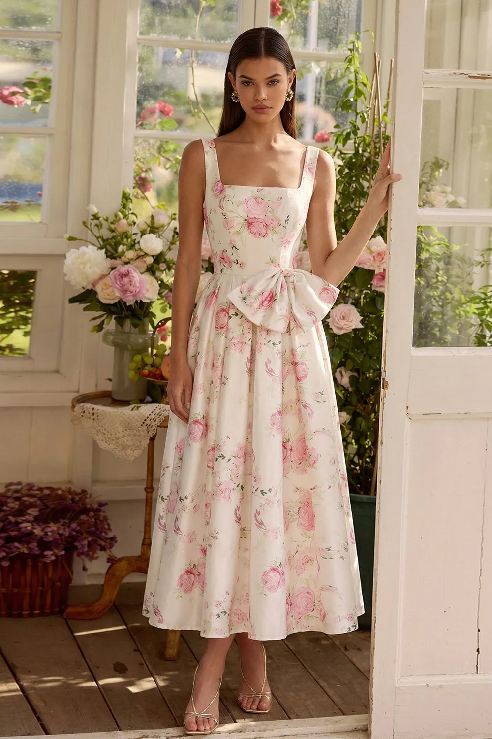 Pink White Flower A-Line Square Neck Midi Dress with Bowknot sold by Zapaka