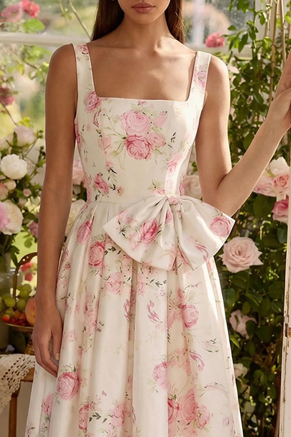Pink White Flower A-Line Square Neck Midi Dress with Bowknot sold by Zapaka product image thumbnail 5