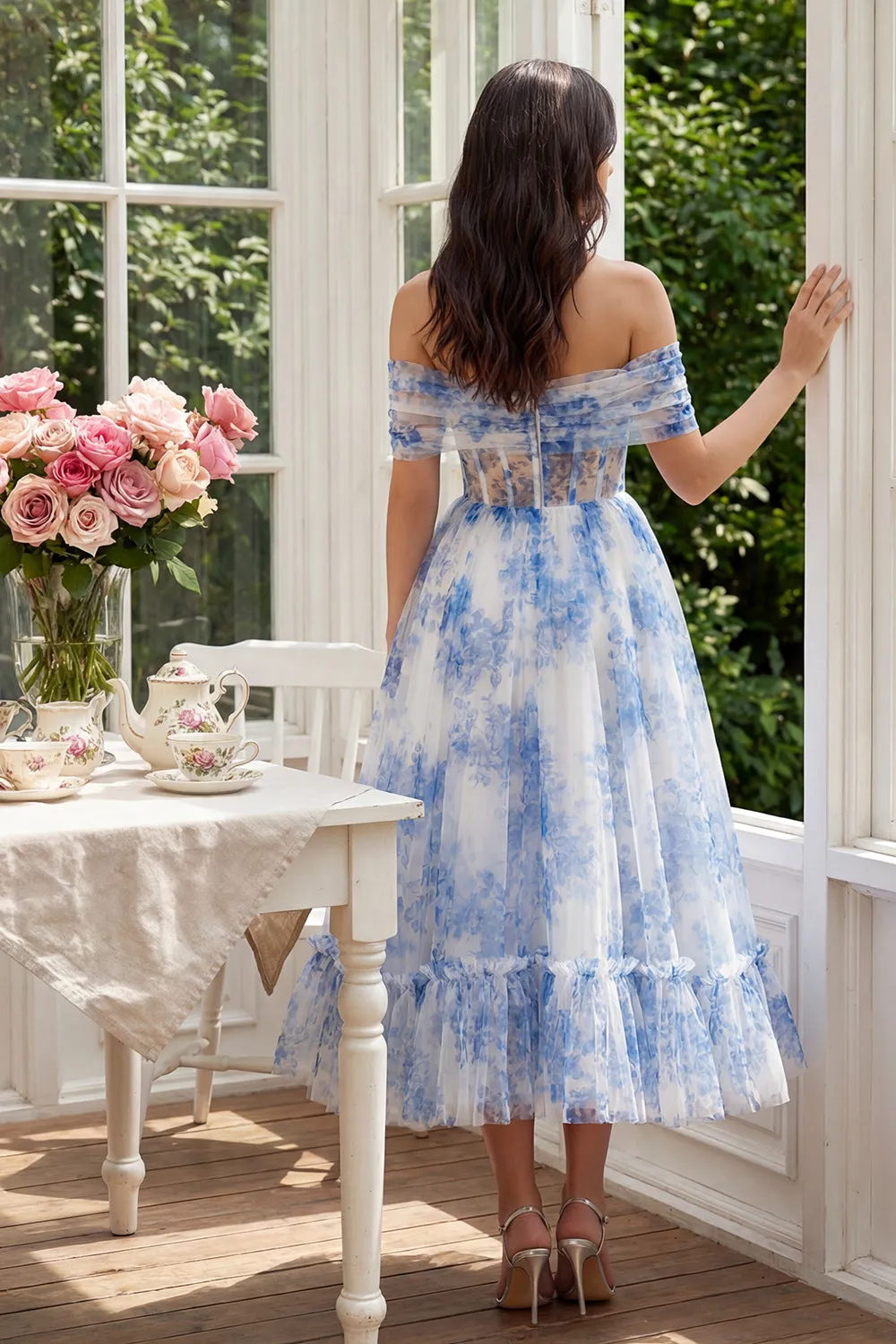 White Blue Flower Corset A-Line Tulle Off the Shoulder Midi Dress sold by Zapaka product image thumbnail 2