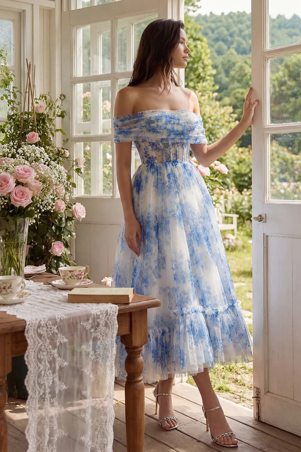 White Blue Flower Corset A-Line Tulle Off the Shoulder Midi Dress sold by Zapaka