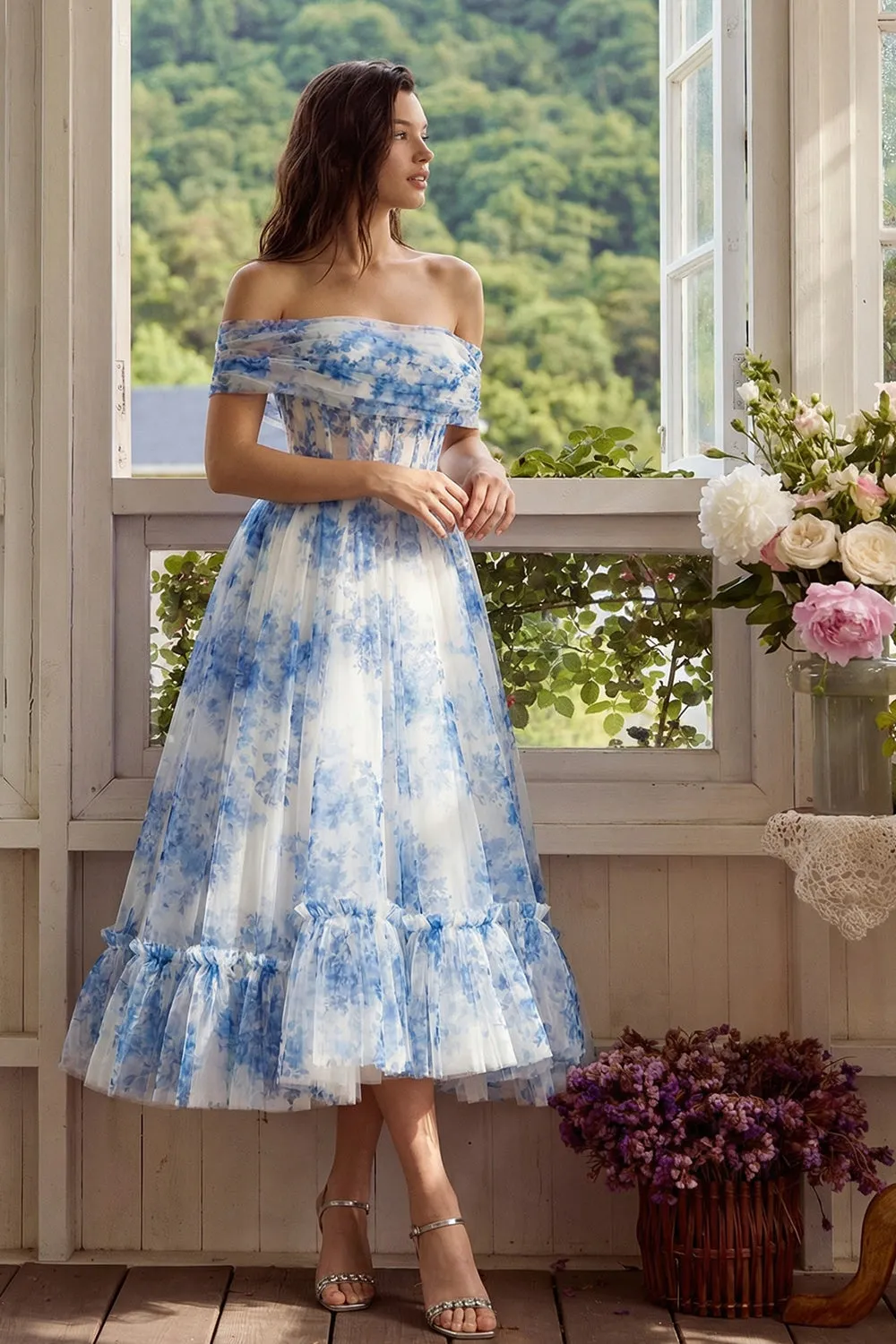 White Blue Flower Corset A-Line Tulle Off the Shoulder Midi Dress sold by Zapaka product image thumbnail 4
