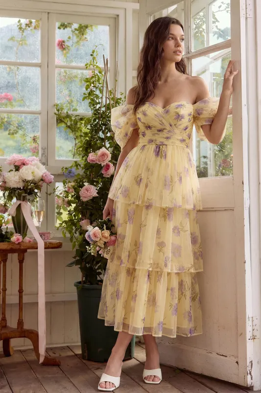 Yellow Flower A-Line Tulle Tiered Off the Shoulder Midi Dress sold by Zapaka
