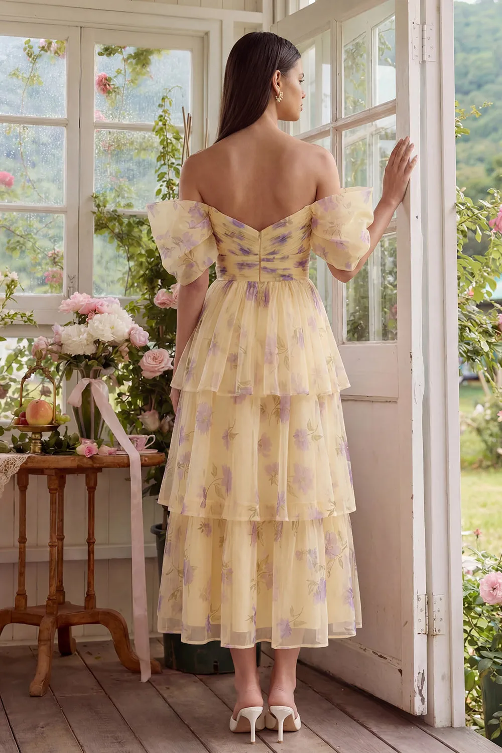 Yellow Flower A-Line Tulle Tiered Off the Shoulder Midi Dress sold by Zapaka product image thumbnail 2