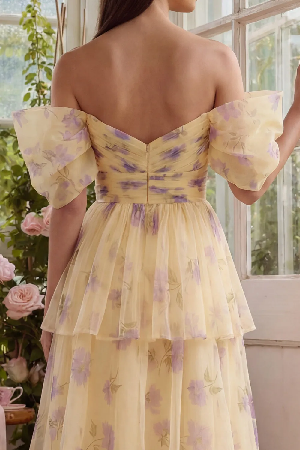 Yellow Flower A-Line Tulle Tiered Off the Shoulder Midi Dress sold by Zapaka product image thumbnail 5