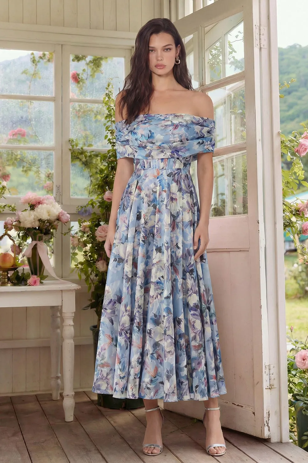Blue Flower A-Line Off the Shoulder Midi Dress sold by Zapaka product image thumbnail 3