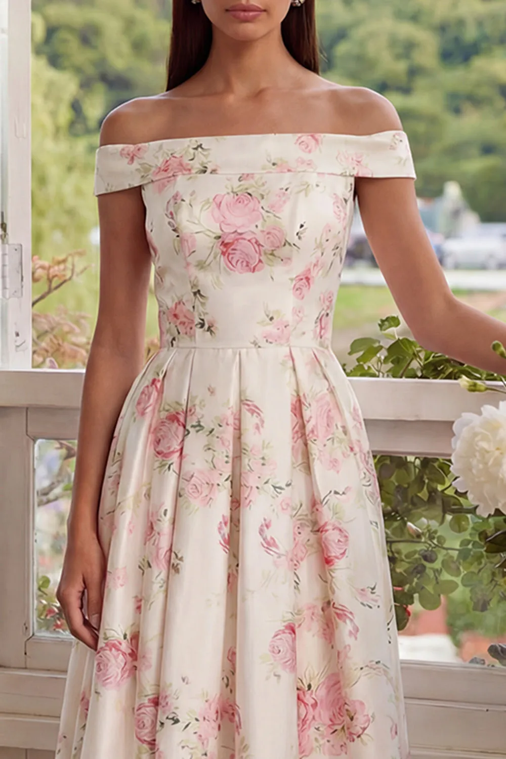 Pink White Flower A-Line Off the Shoulder Midi Dress sold by Zapaka product image thumbnail 3
