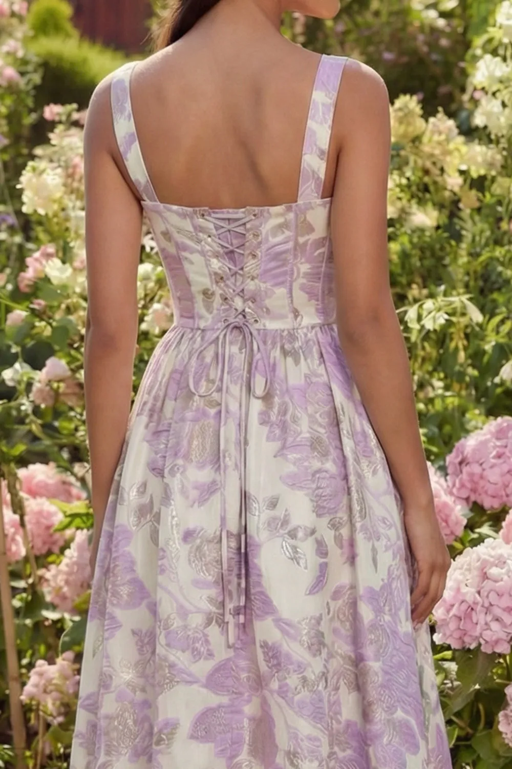 Purple Jacquard Flower Corset A-Line Midi Dress sold by Zapaka product image thumbnail 4