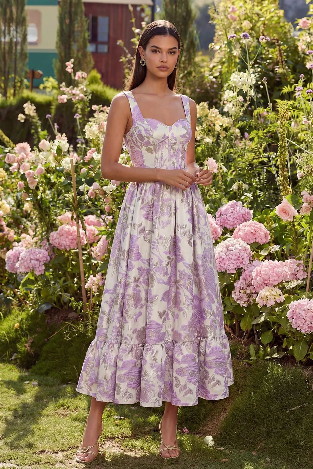 Purple Jacquard Flower Corset A-Line Midi Dress sold by Zapaka