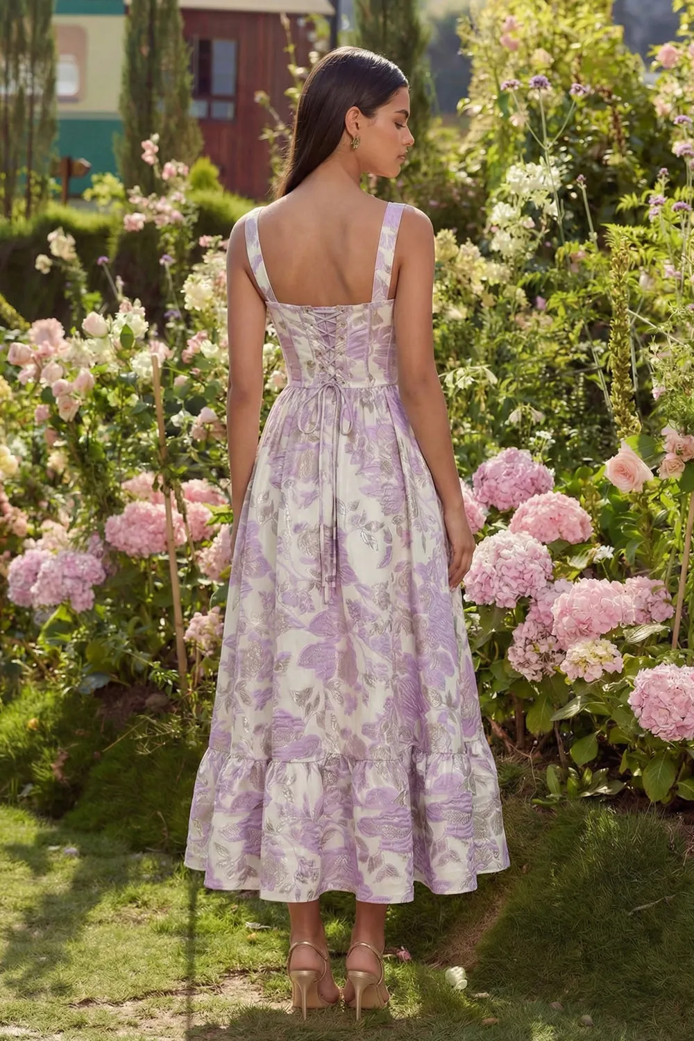 Purple Jacquard Flower Corset A-Line Midi Dress sold by Zapaka product image thumbnail 2