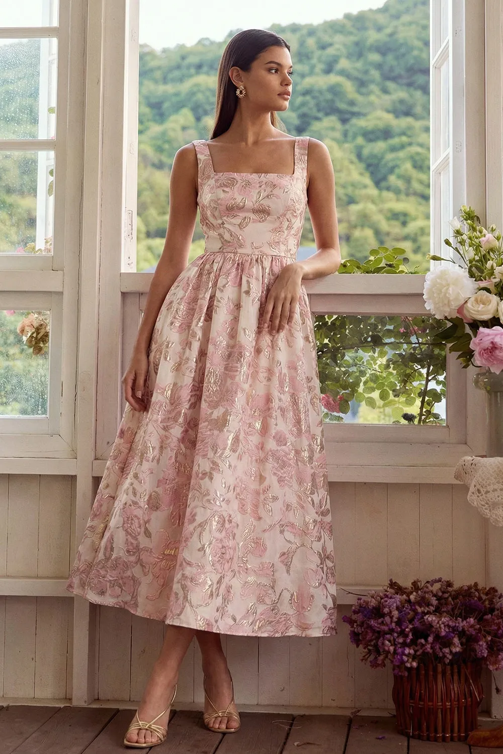 Blush Jacquard A Line Square Neck Midi Dress with Lace Up Back sold by Zapaka product image thumbnail 3