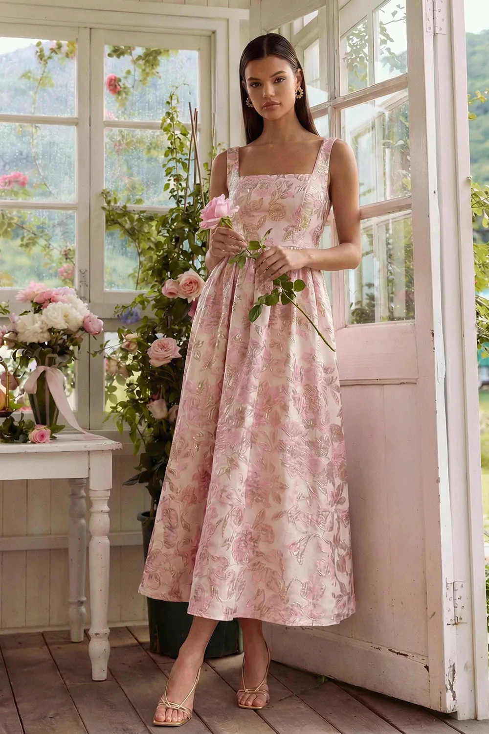 Blush Jacquard A Line Square Neck Midi Dress with Lace Up Back sold by Zapaka