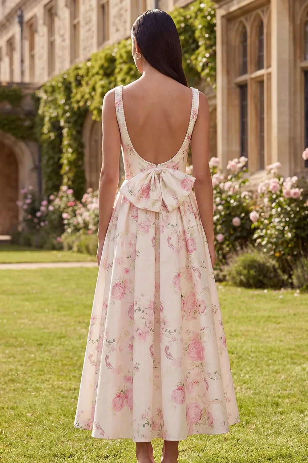 Pink A-Line Backless Print Satin Floral Dress with Bowknot sold by Zapaka product image thumbnail 2