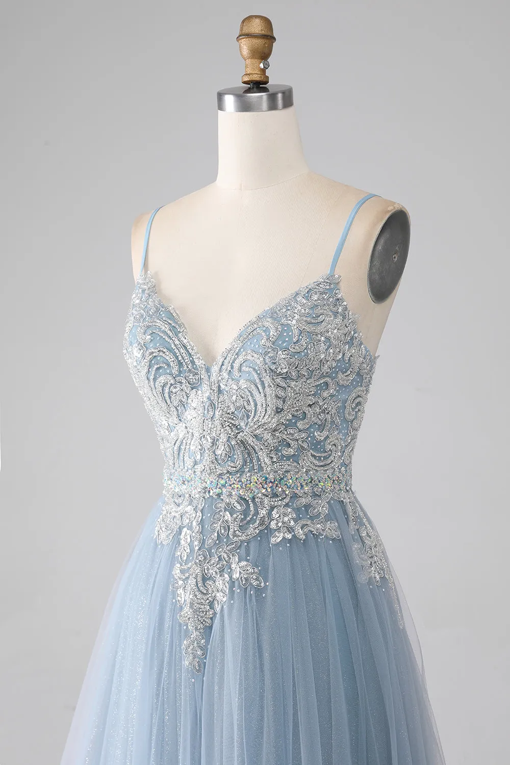 Grey Blue Mermaid Spaghetti Straps Sparkly Sequin Long Prom Dress sold by Zapaka product image thumbnail 4