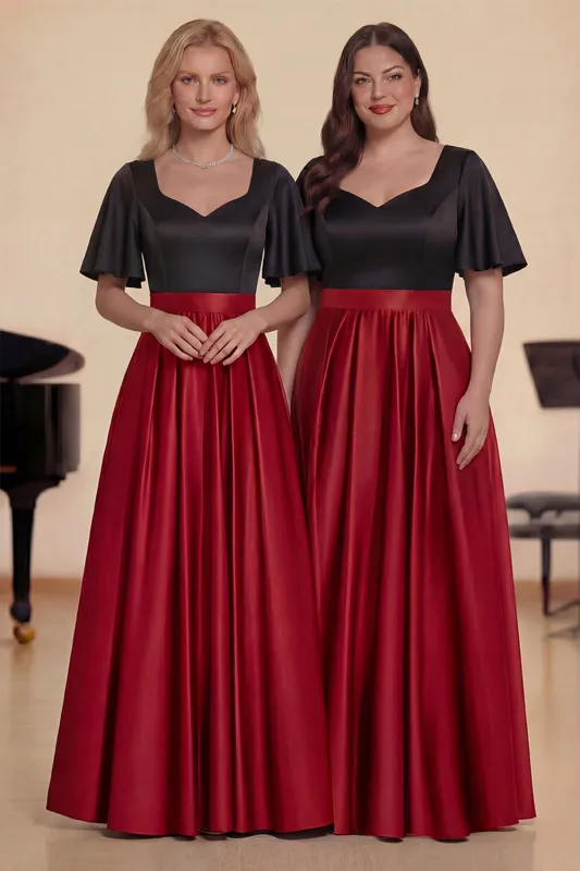 A-Line Black Red Satin Long Choir Dress with Short Sleeves made by Zapaka