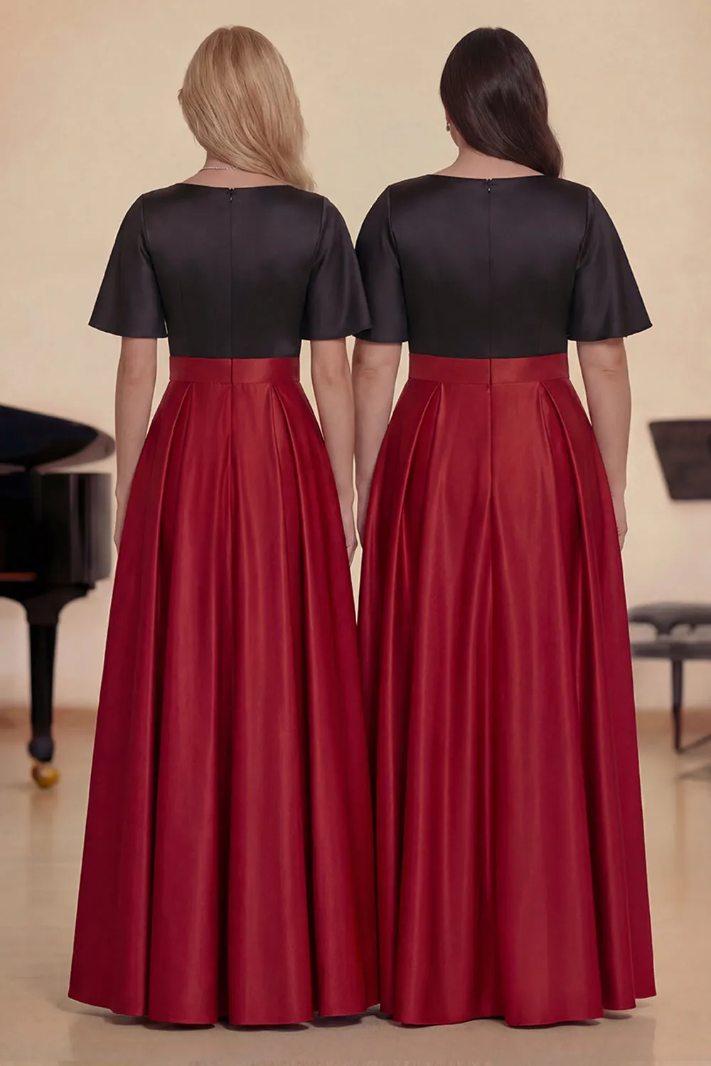 A-Line Black Red Satin Long Choir Dress with Short Sleeves sold by Zapaka product image thumbnail 2