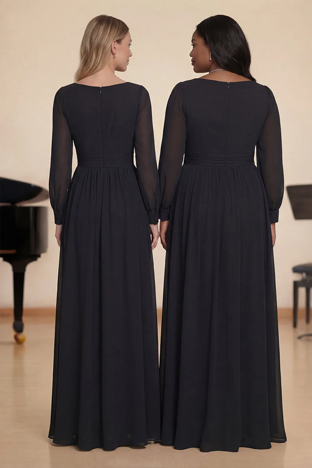 Black Chiffon Long Sleeves A-Line Choir Dress sold by Zapaka product image thumbnail 2