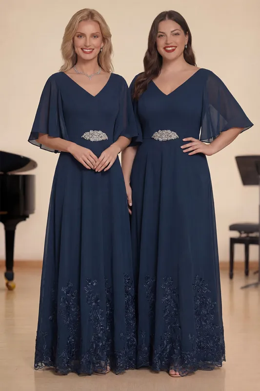Navy Beaded A-Line Chiffon Half Sleeves Long Choir Dress with Embroidery made by Zapaka
