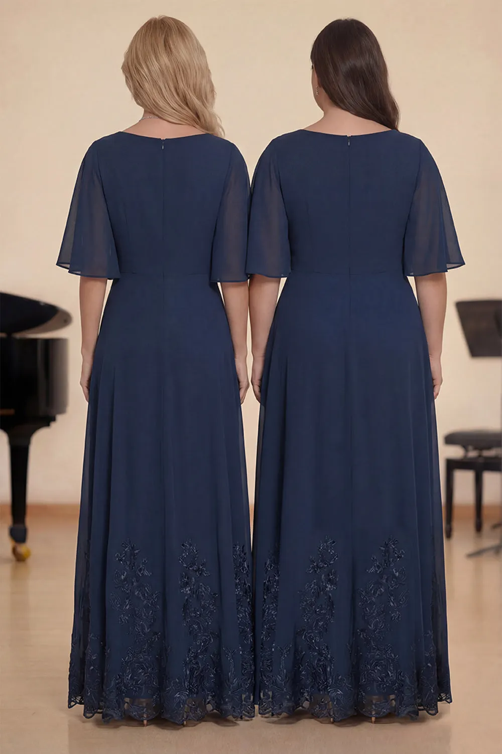 Navy Beaded A-Line Chiffon Half Sleeves Long Choir Dress with Embroidery sold by Zapaka product image thumbnail 2