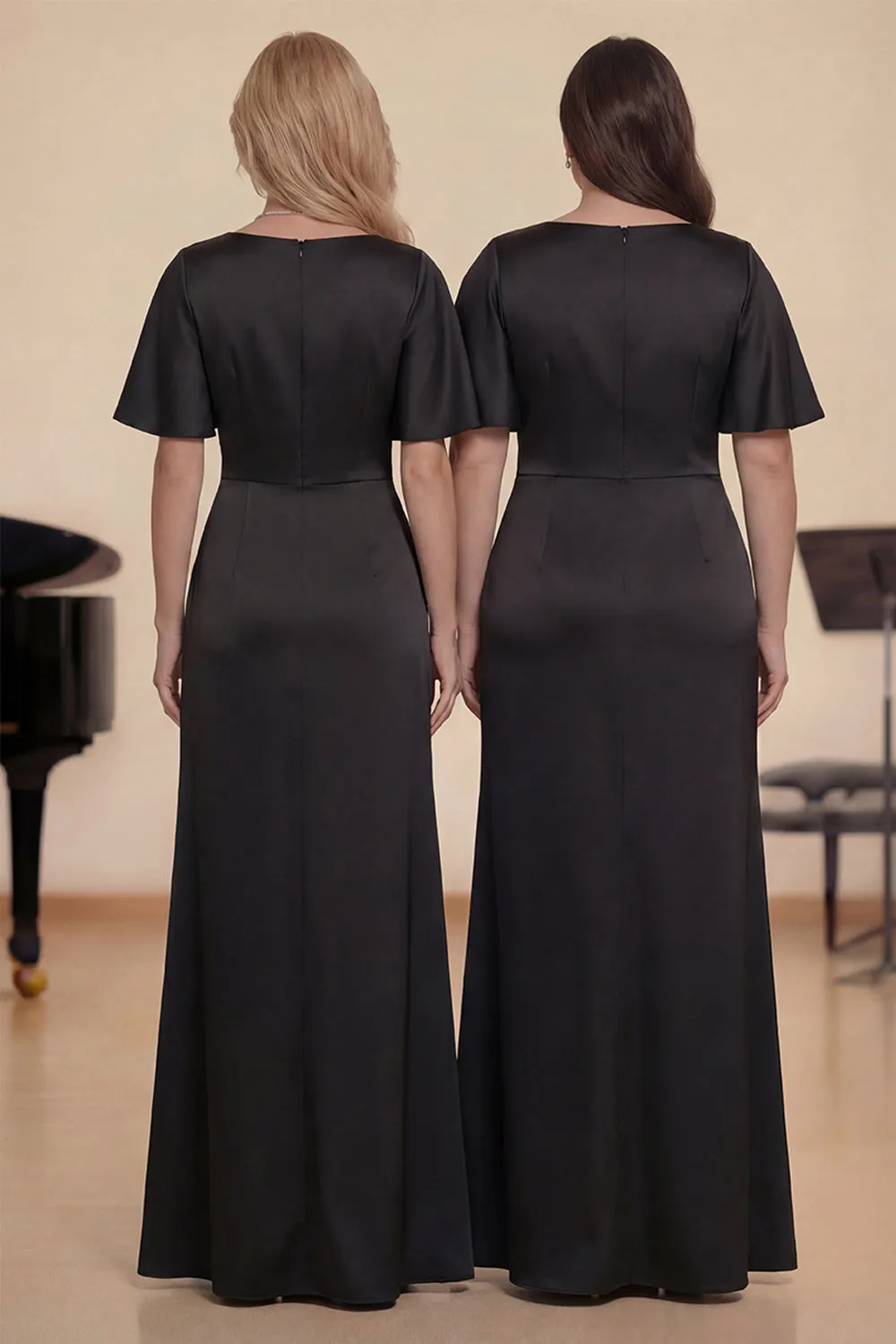 Black Square Neck Satin A-Line Long Choir Dress with Short Sleeves sold by Zapaka product image thumbnail 2