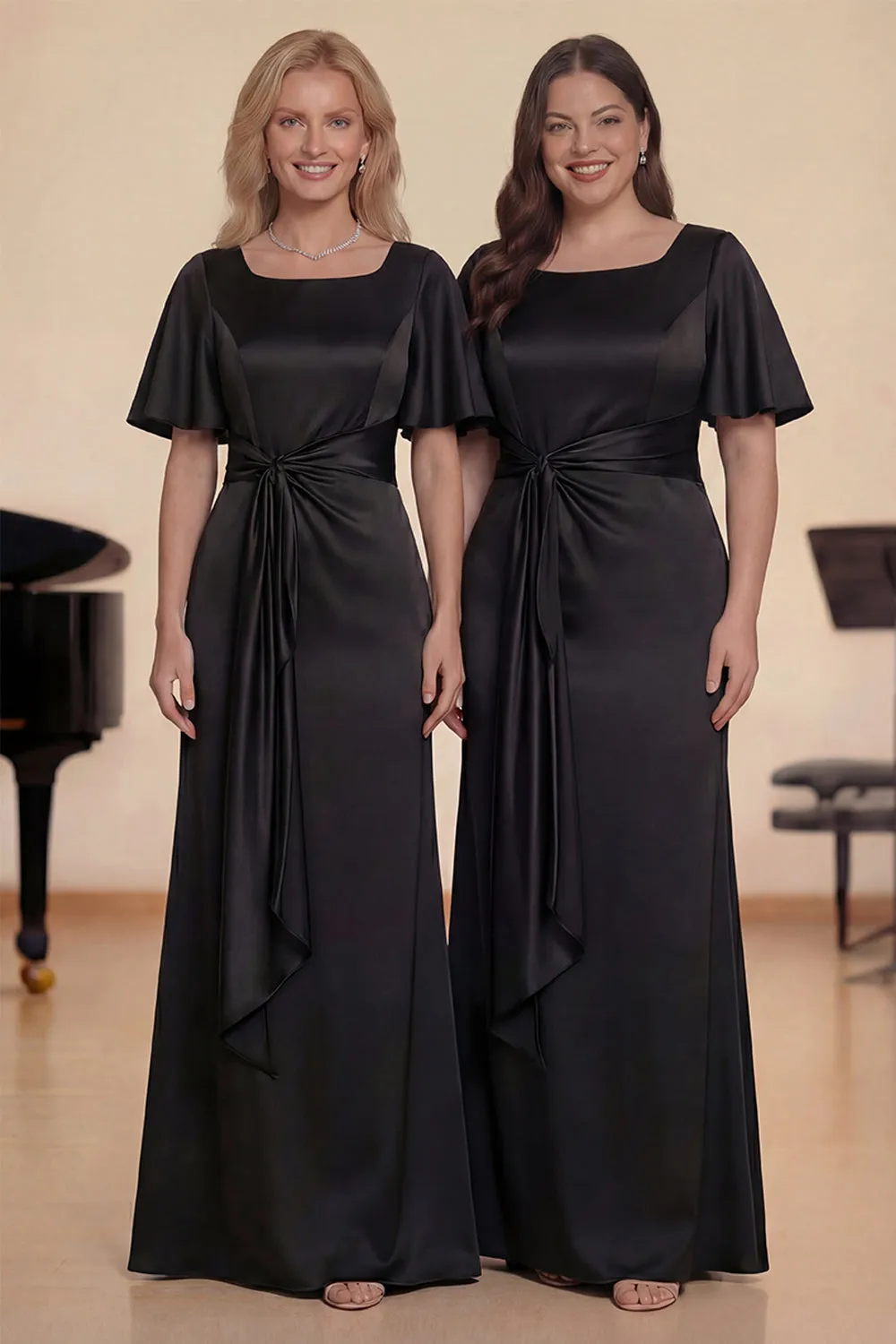 Black Square Neck Satin A-Line Long Choir Dress with Short Sleeves sold by Zapaka