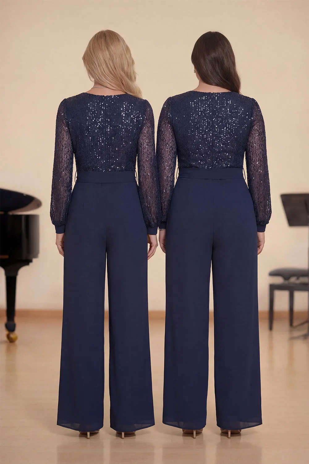 Sparkly Navy Chiffon Long Sleeves Sequins Choir Pant Suits with Pockets sold by Zapaka product image thumbnail 2