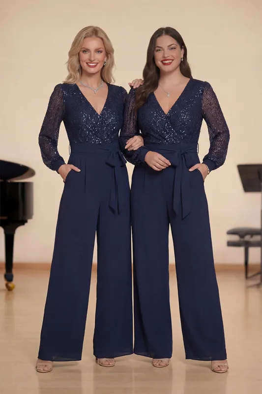 Sparkly Navy Chiffon Long Sleeves Sequins Choir Pant Suits with Pockets sold by Zapaka