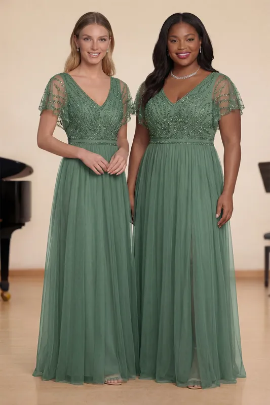 Green Beaded A-Line Tulle V-Neck Long Choir Dress sold by Zapaka