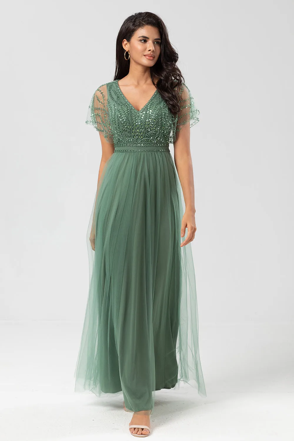 Green Beaded A-Line Tulle V-Neck Long Choir Dress sold by Zapaka product image thumbnail 5