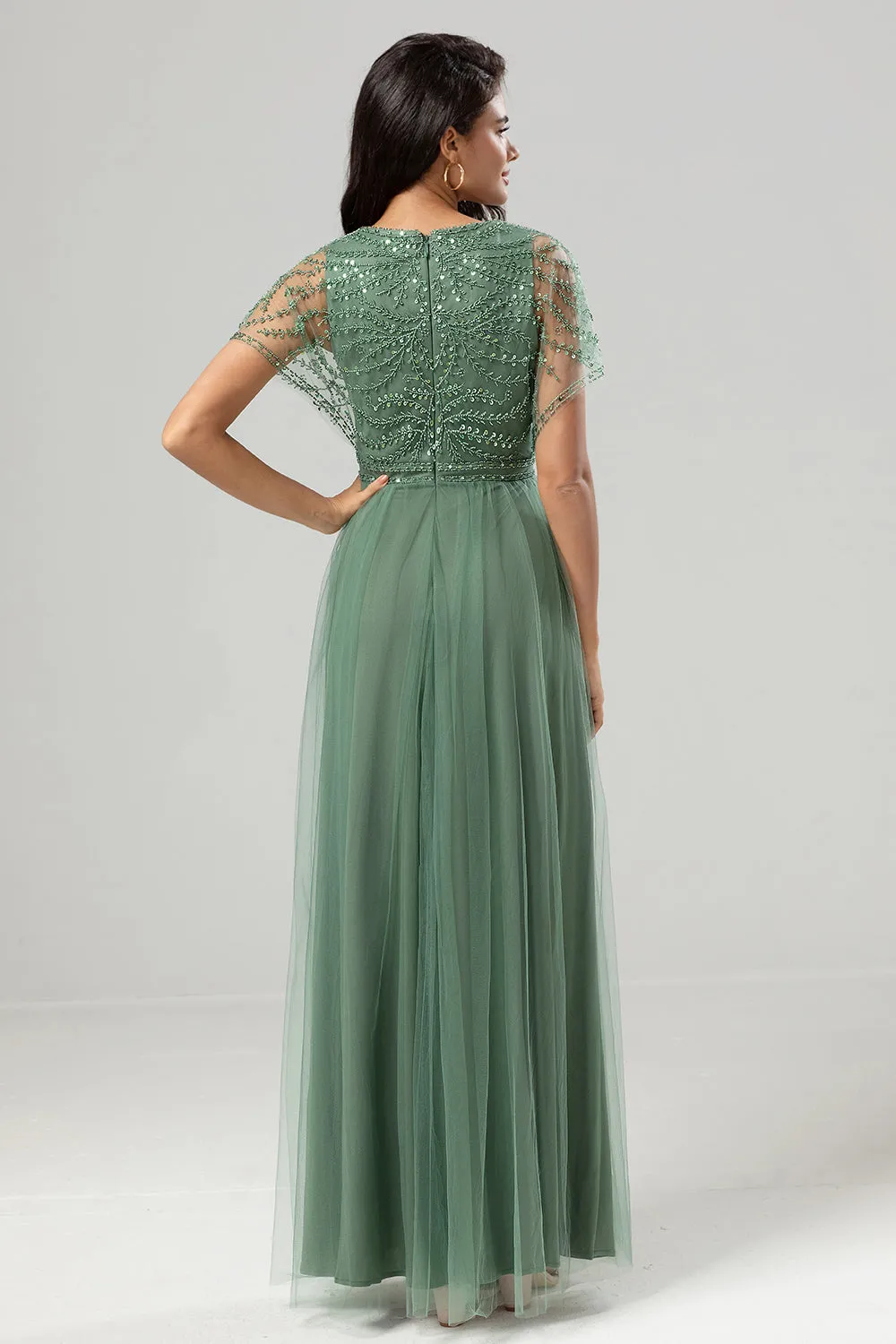 Green Beaded A-Line Tulle V-Neck Long Choir Dress sold by Zapaka product image thumbnail 3