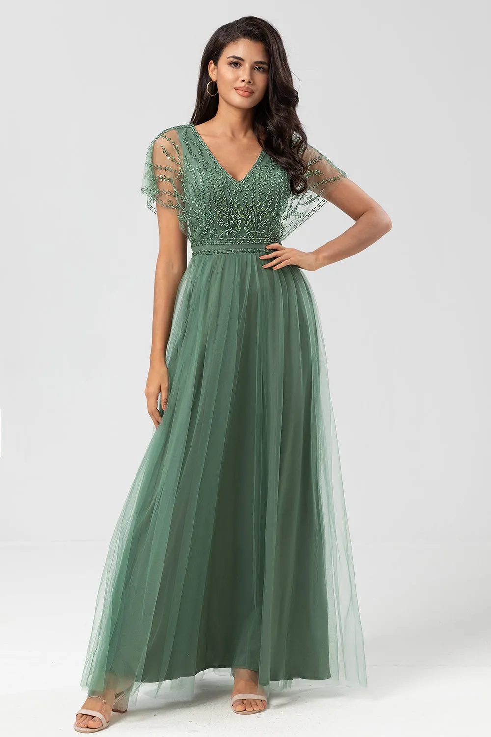 Green Beaded A-Line Tulle V-Neck Long Choir Dress sold by Zapaka product image thumbnail 2