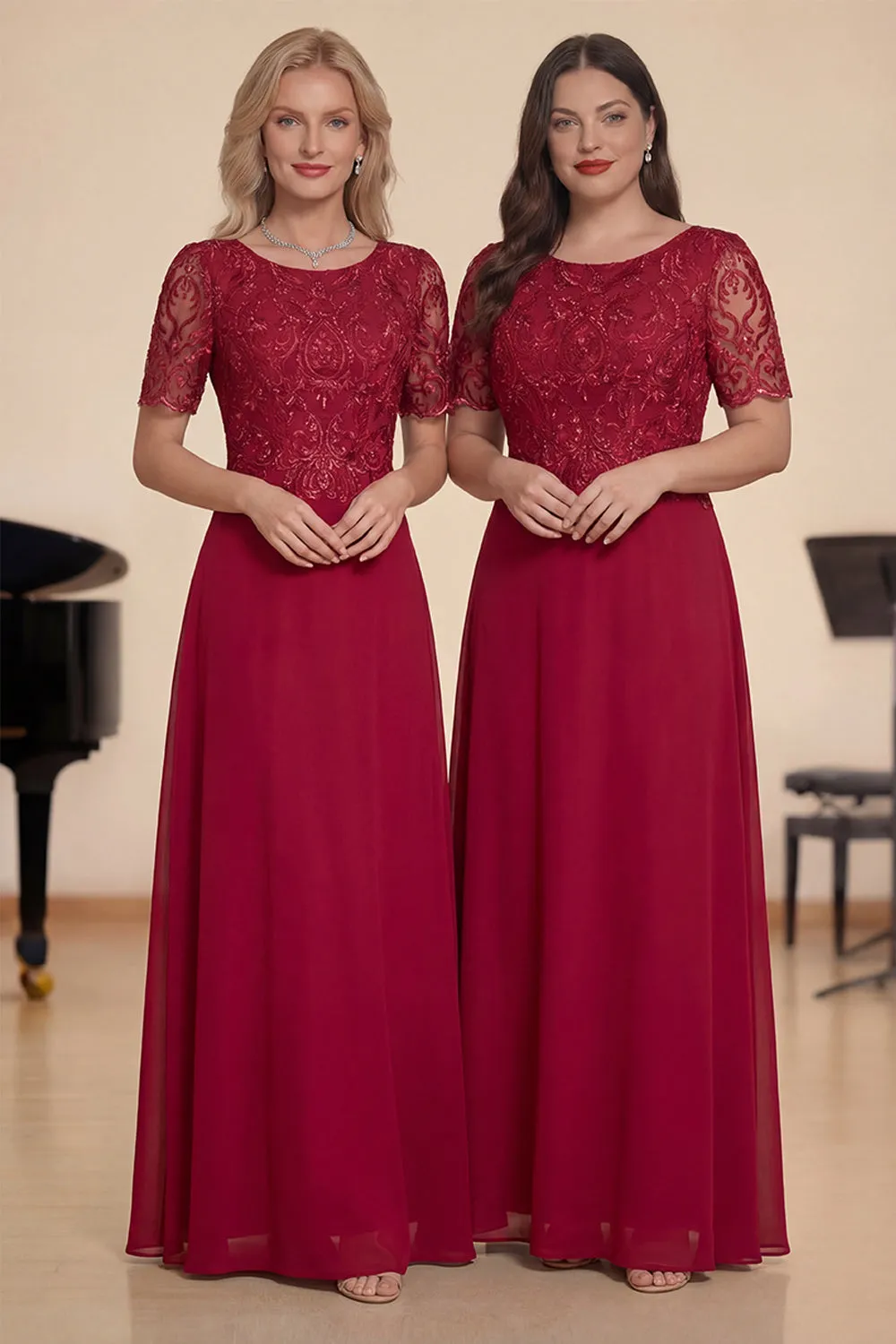 Burgundy A Line Round Neck Long Choir Dress With Sequins sold by Zapaka