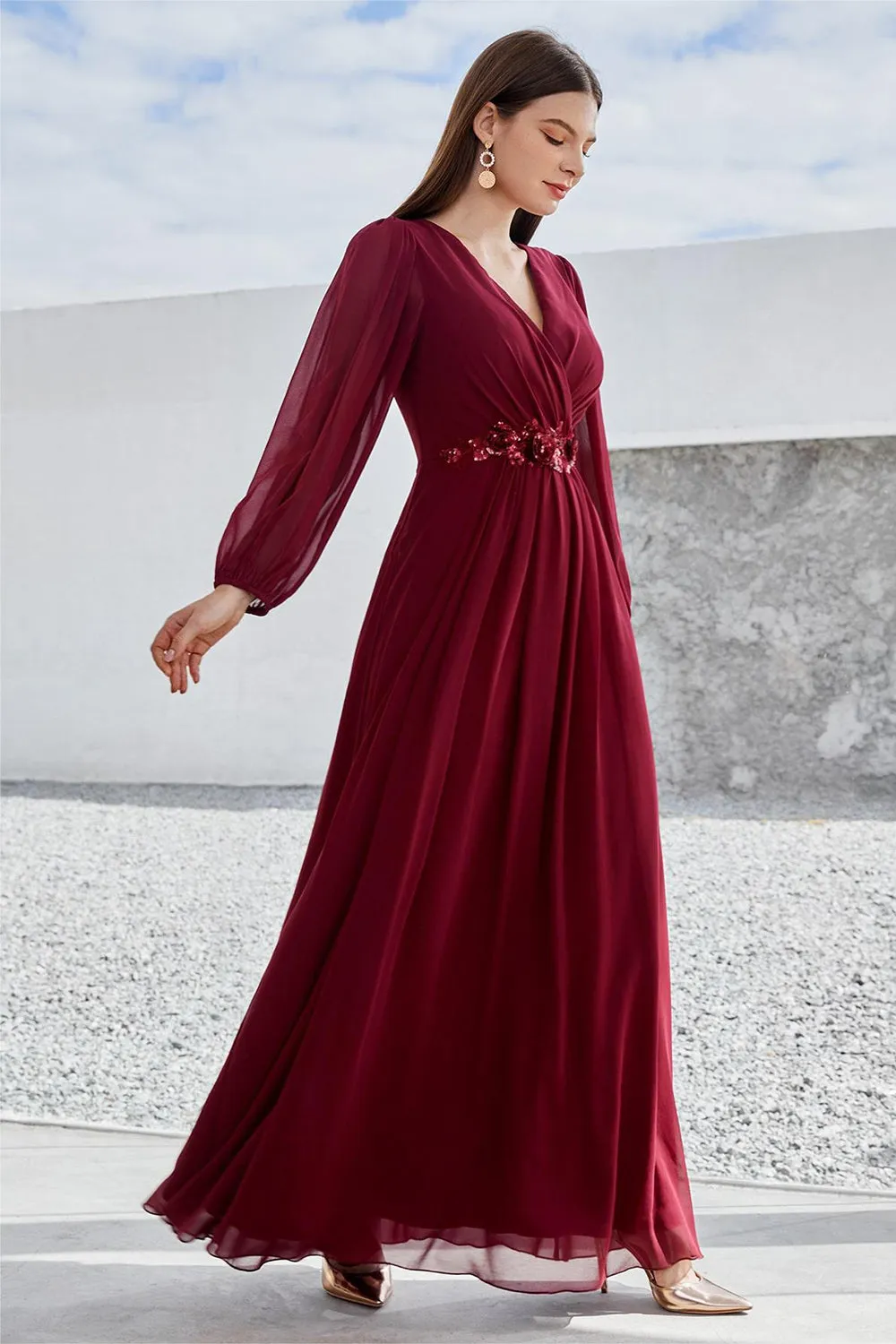 Burgundy Appliqued A Line Long Sleeves Chiffon Choir Dress sold by Zapaka product image thumbnail 4