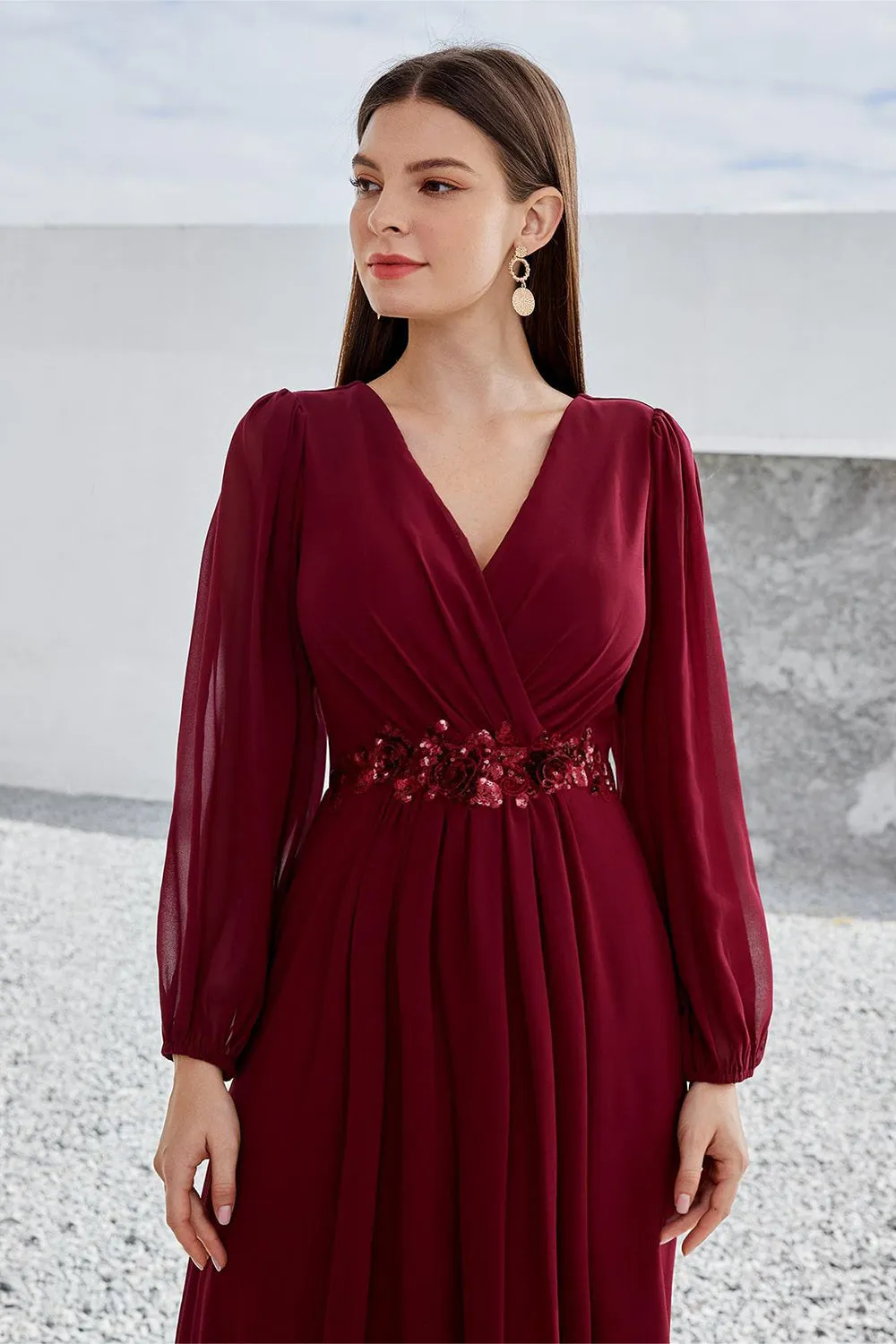 Burgundy Appliqued A Line Long Sleeves Chiffon Choir Dress sold by Zapaka product image thumbnail 5