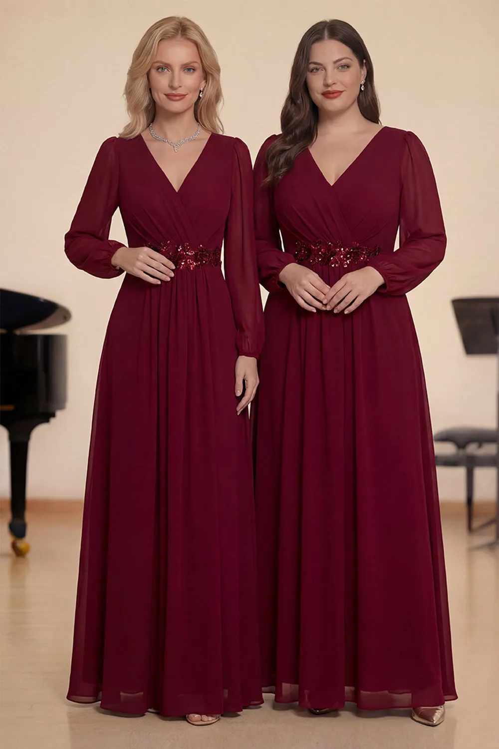 Burgundy Appliqued A Line Long Sleeves Chiffon Choir Dress sold by Zapaka