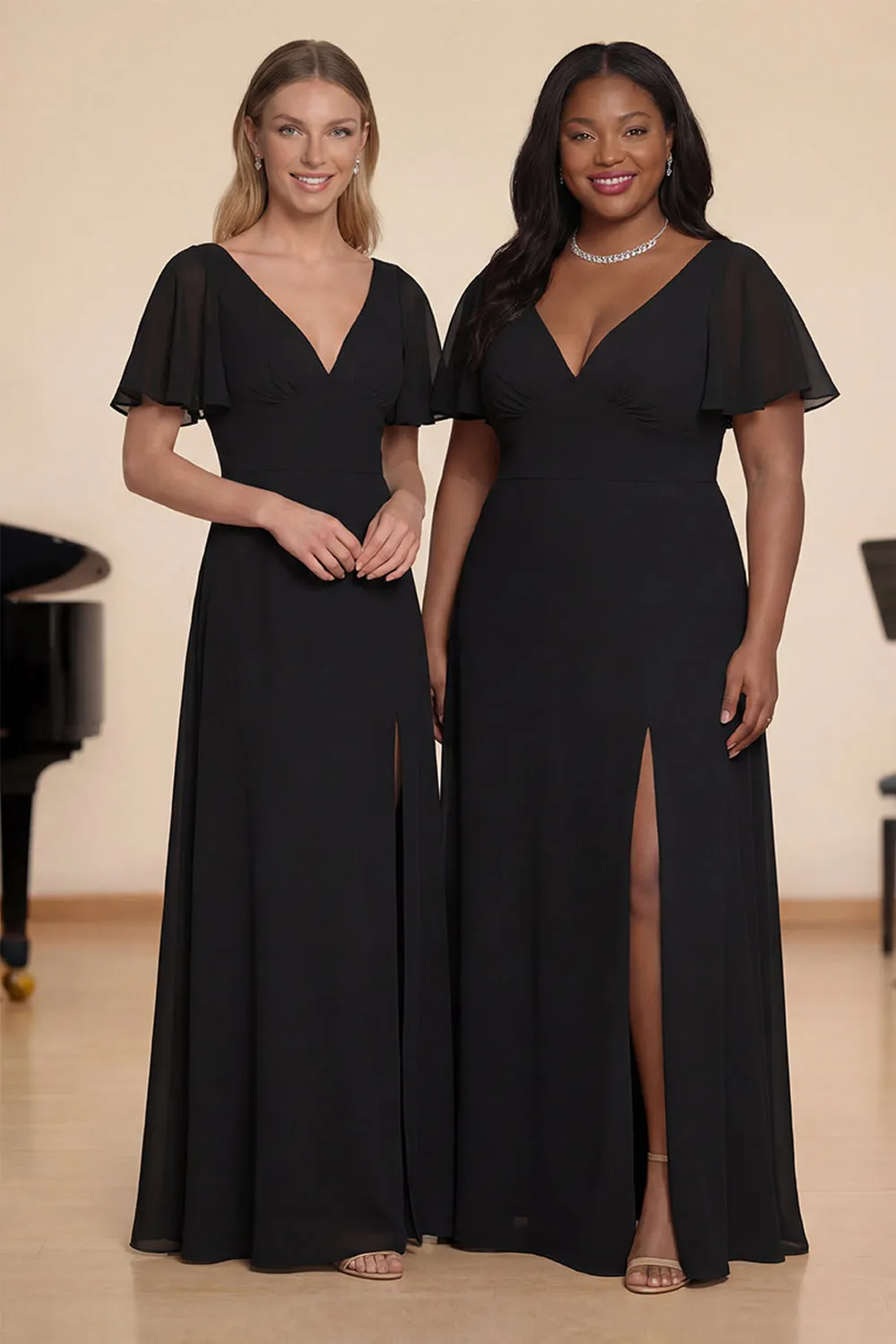 Black A Line Flutter Sleeves Long Chiffon Choir Dress with Slit sold by Zapaka